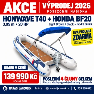 Honda HonWave T40 AE3 LG + motor Honda BF20 D3 SHU – EVA podlaha Light Brown / Black – modrá stříška bimini 2026