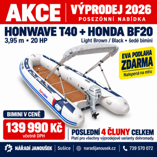Honda HonWave T40 AE3 LG + motor Honda BF20 D3 SHU – EVA podlaha Light Brown / Black – šedá stříška bimini 2026