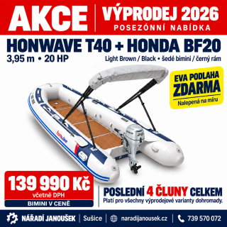 Honda HonWave T40 AE3 LG + motor Honda BF20 D3 SHU – EVA podlaha Light Brown / Black – šedočerná stříška bimini 2026
